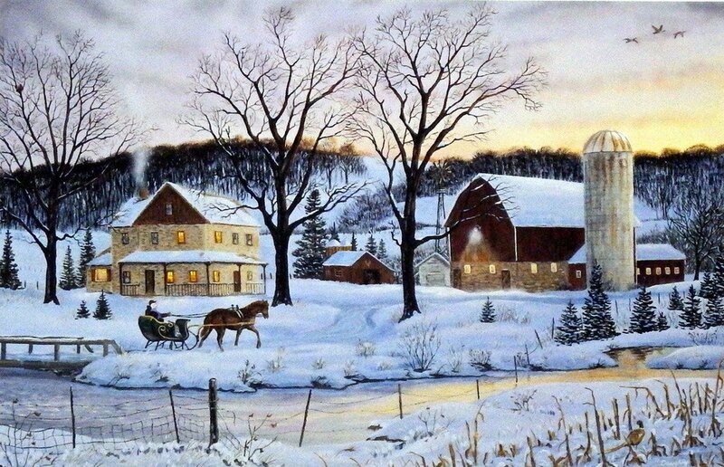 Horse-drawn Sleigh on Farm — White