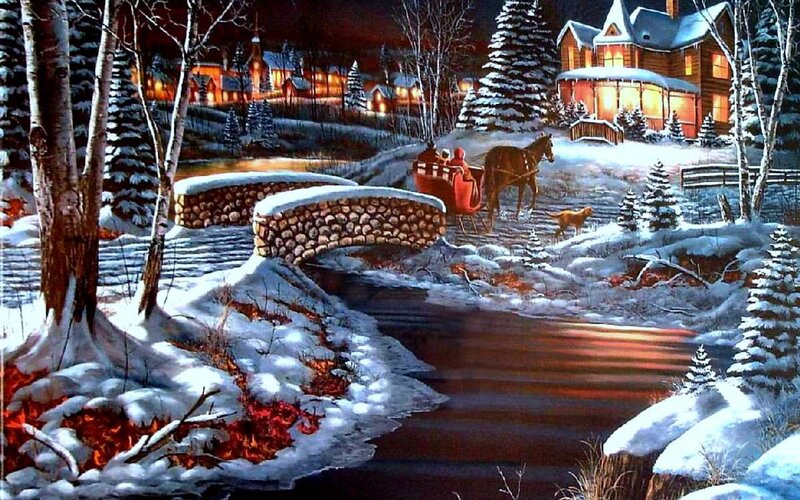 Horse-drawn Sleigh — White, Peaceful, Night, Painting, Dog