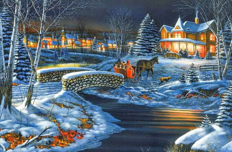 Horse-drawn Sleigh — White, Peaceful, Night, Painting, House