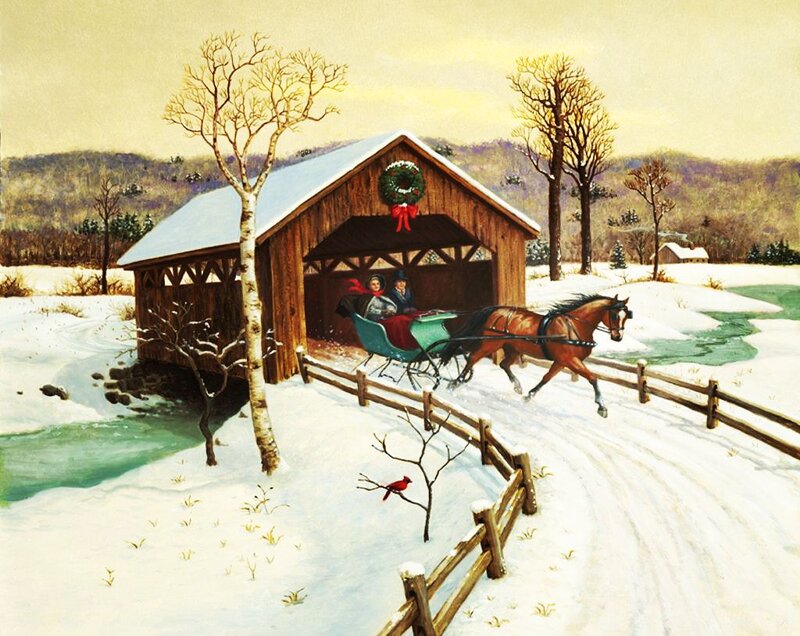 Horse-drawn Sleigh — White, Peaceful, Winter, Painting, Covered Bridge