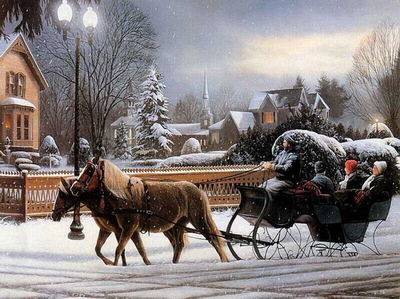 Horse-drawn Sleigh — White, Peaceful, Winter, Painting, Horses