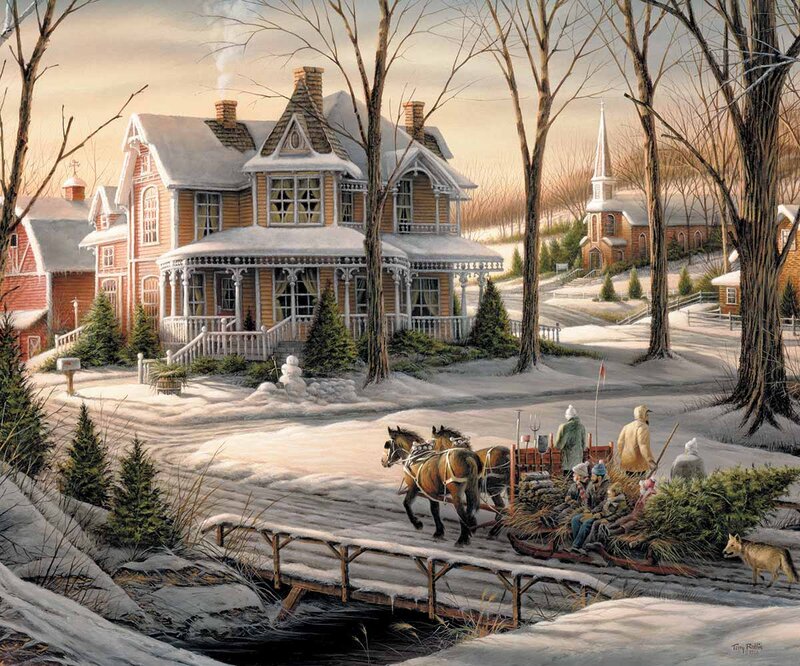 Horse-drawn Sleigh — White, Peaceful, Winter, Painting, House, Church