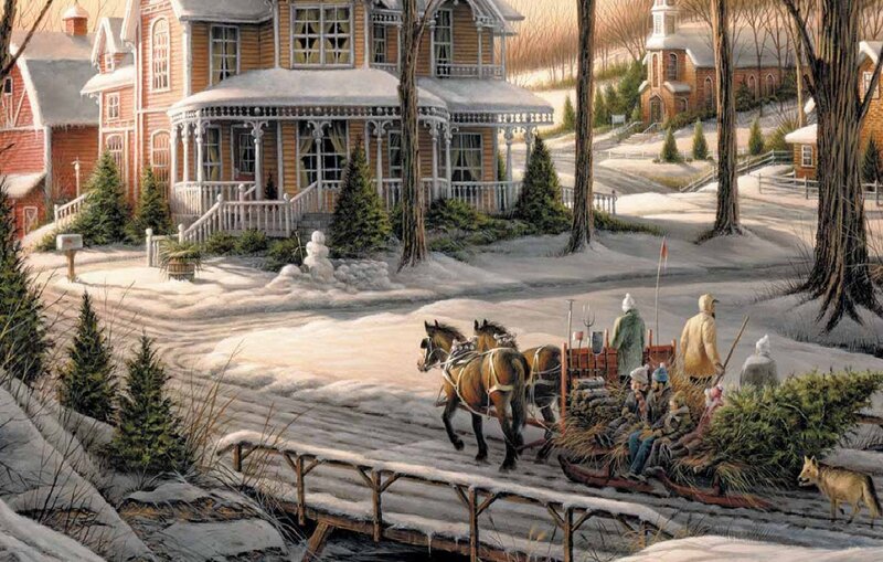 Horse-drawn Sleigh — White, Peaceful, Winter, Painting, House, Tree