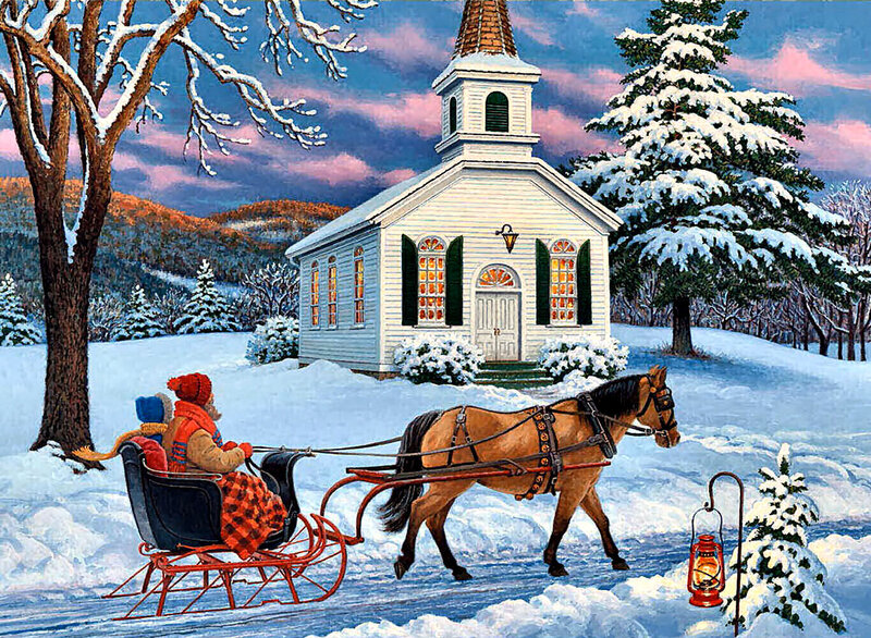 Horse-drawn Sleigh — White, Serene, Winter, Painting, Church, Lantern
