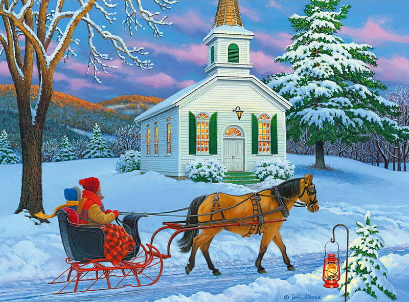 Horse-drawn Sleigh — White, Serene, Winter, Painting, Church