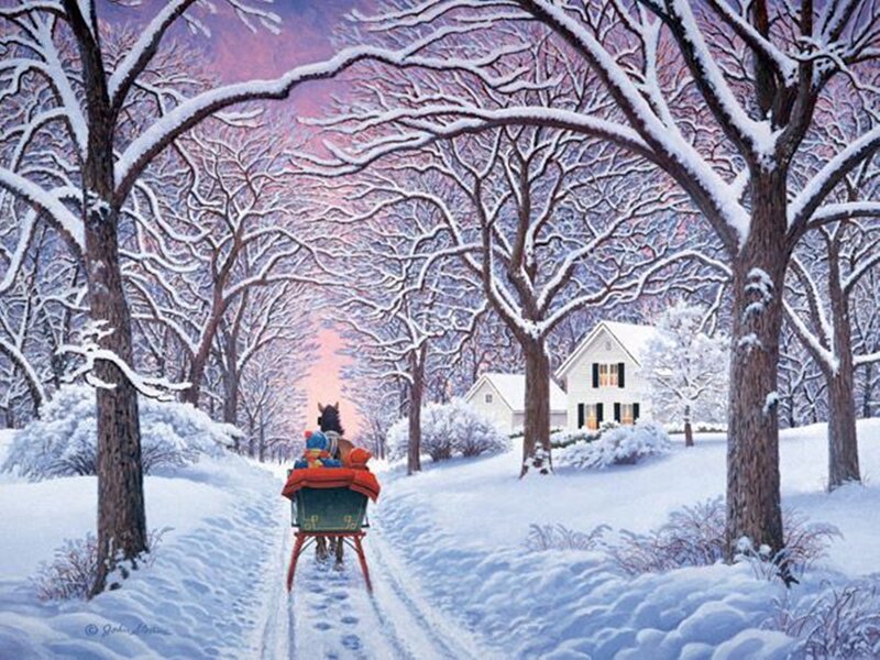 Horse-drawn Sleigh — White, Serene, Winter, Painting, House