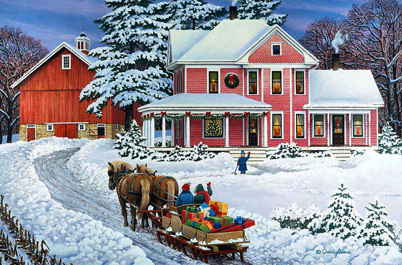 Horse-drawn Sleigh with Gifts — Red, Festive