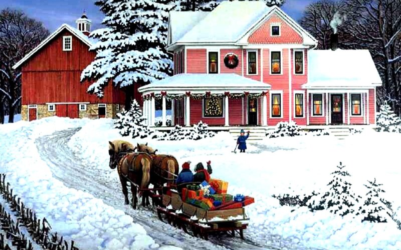 Horse-drawn Sleigh with Gifts — Red