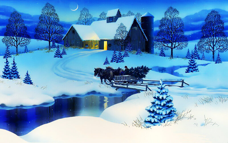 Horse-drawn Sleigh with Tree — Blue, Serene