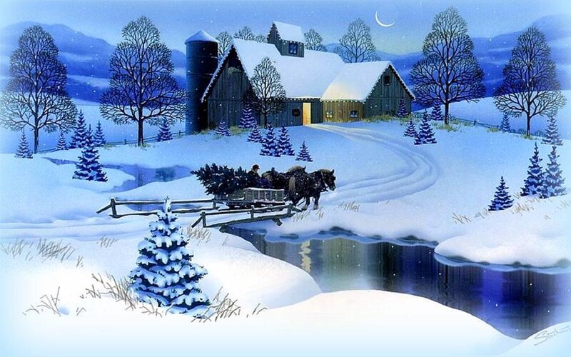 Horse-drawn Sleigh with Tree — Blue