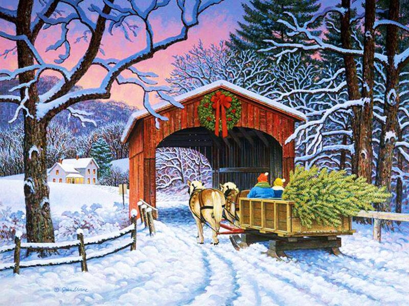 Horse-drawn Sleigh with Tree — Red