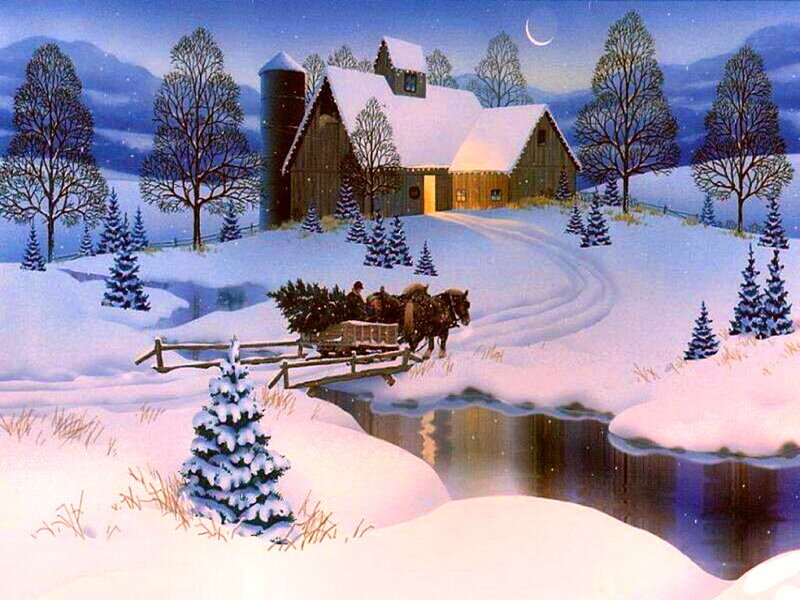 Horse-drawn Sleigh with Tree — White, Peaceful