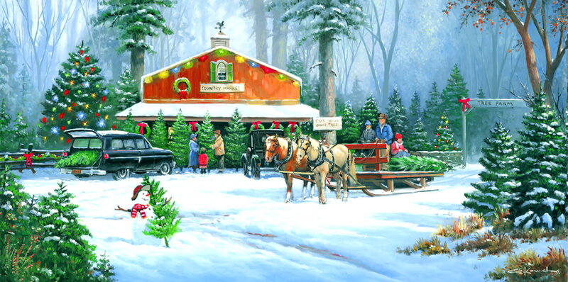 Horse-drawn Sleigh with Trees — White