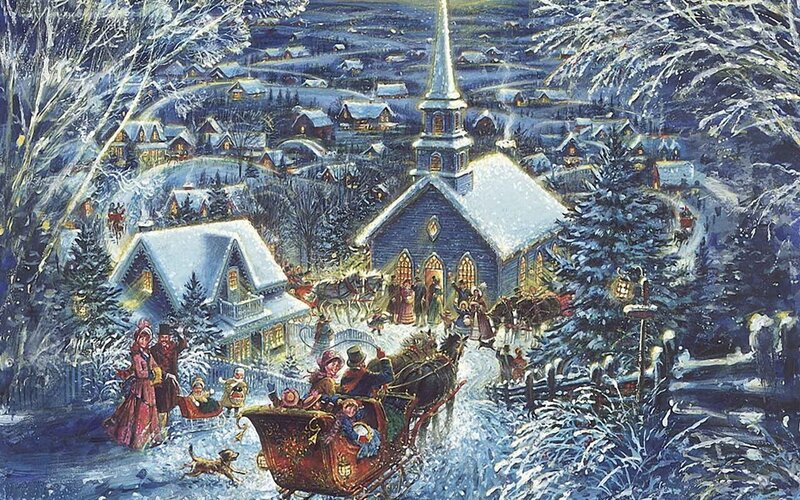 Horse-drawn Sleighs in Snow — Blue, Festive