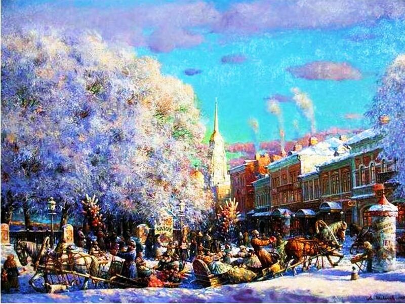 Horse-drawn Sleighs in Snow — Blue, Festive, Winter
