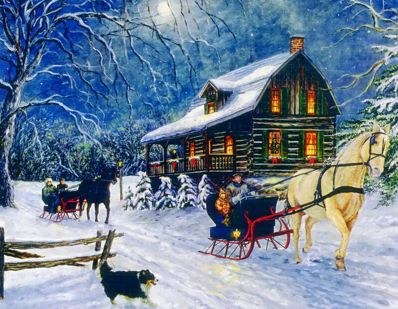 Horse-drawn Sleighs in Snow — Blue, Peaceful