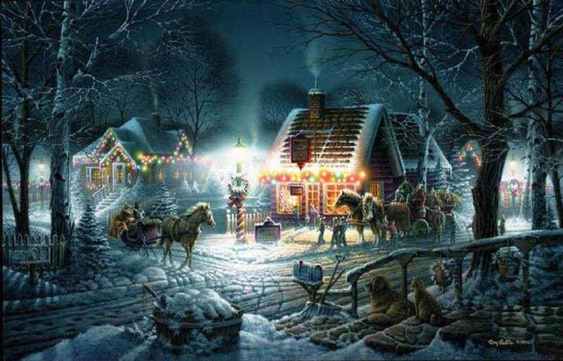 Horse-drawn Sleighs in Snow — White, Festive, Night, Illustration