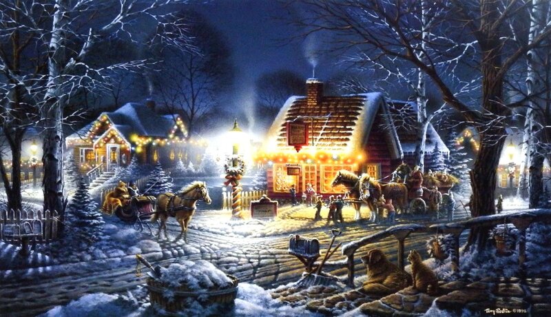 Horse-drawn Sleighs in Snow — White, Festive, Night, Painting