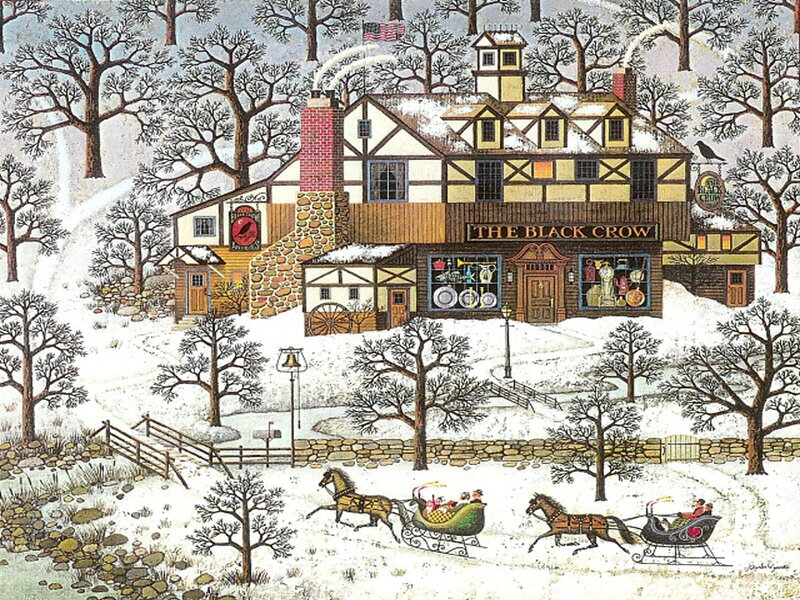 Horse-drawn Sleighs in Snow — White, Festive, Winter, Illustration