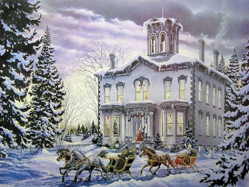 Horse-drawn Sleighs in Snow — White, Festive, Winter