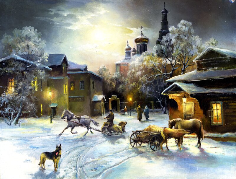 Horse-drawn Sleighs in Snow — White, Serene, Night, Painting
