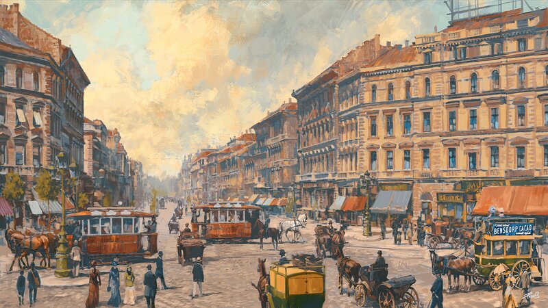 Horse-drawn Trams on Street