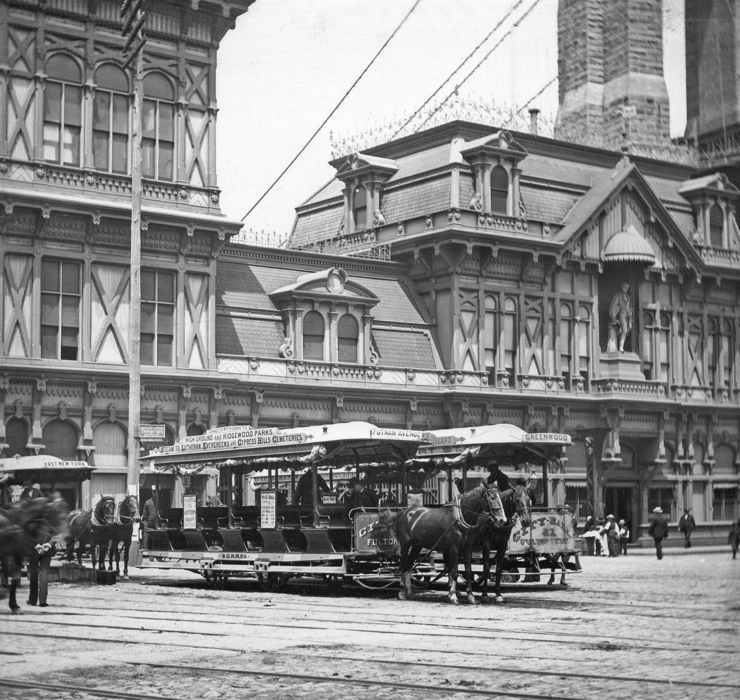 Horse-drawn trolley in city