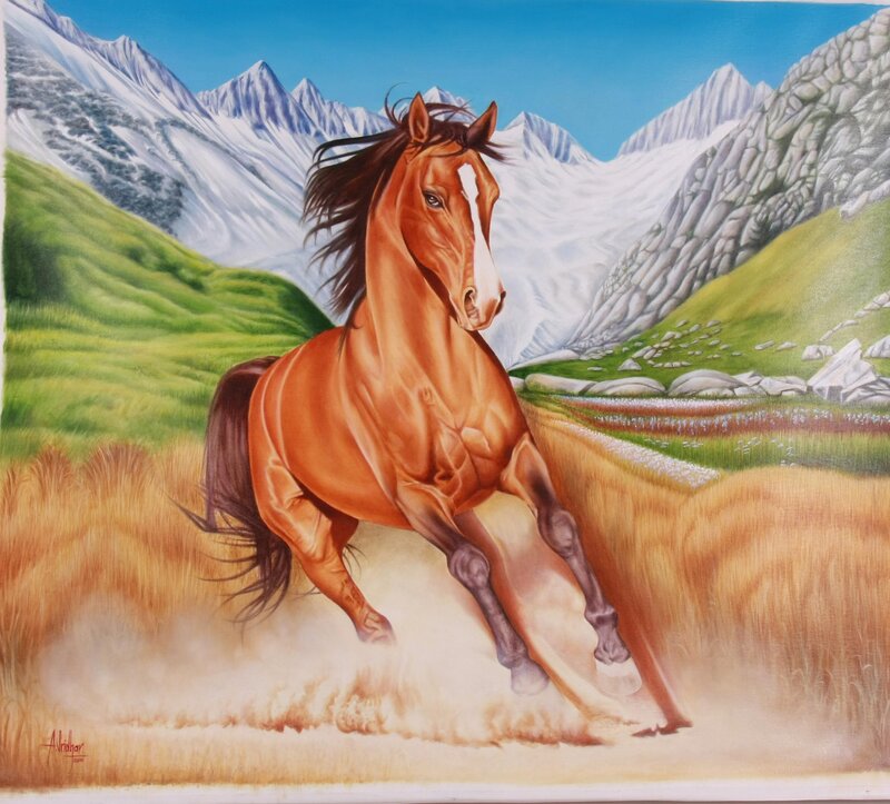 Horse galloping in mountain valley