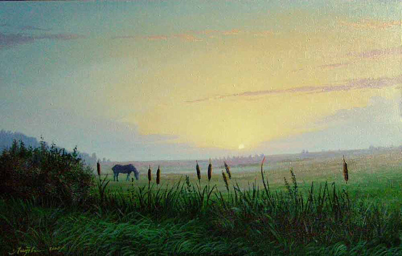 Horse Grazing in Field — Green, Serene, Sunset, Painting