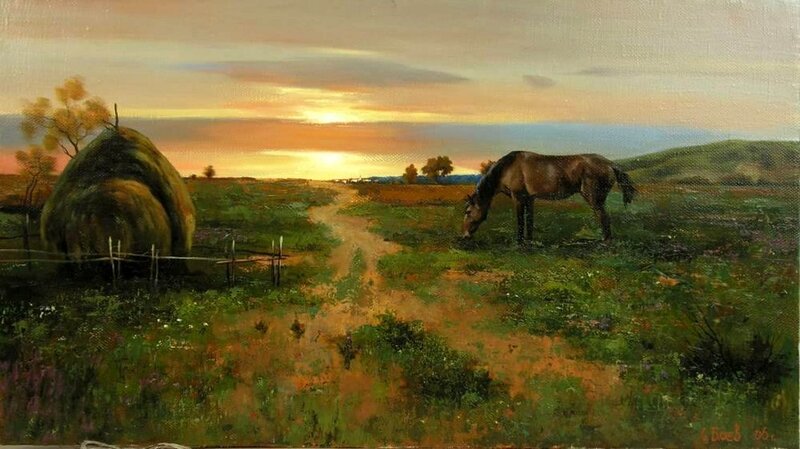 Horse Grazing in Field — Green, Serene, Sunset