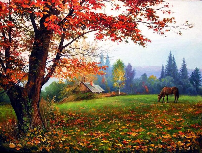 Horse Grazing in Field — Red