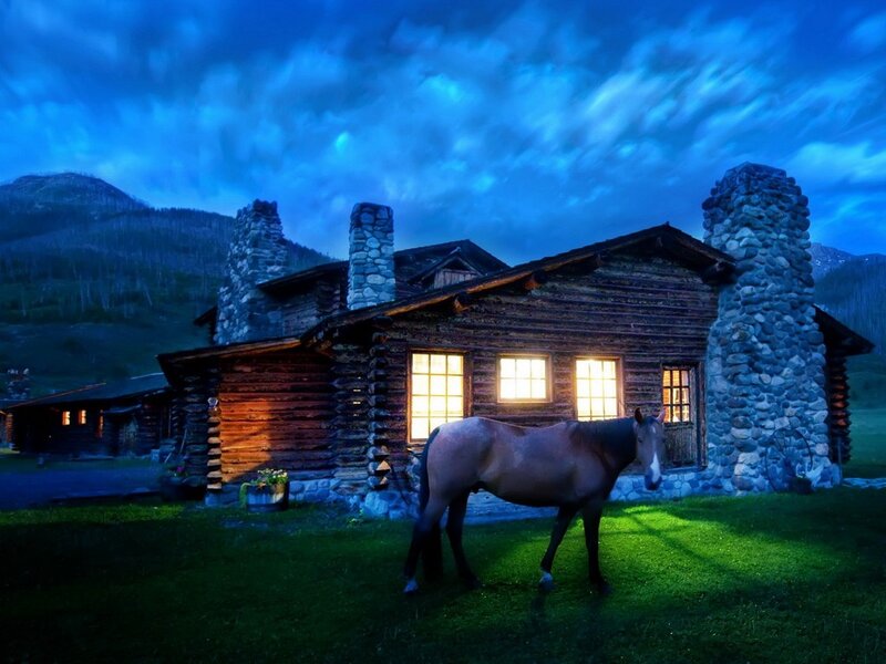 Horse in Front of Cabin — Blue