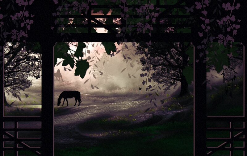 Horse in Misty Forest — Purple, Serene