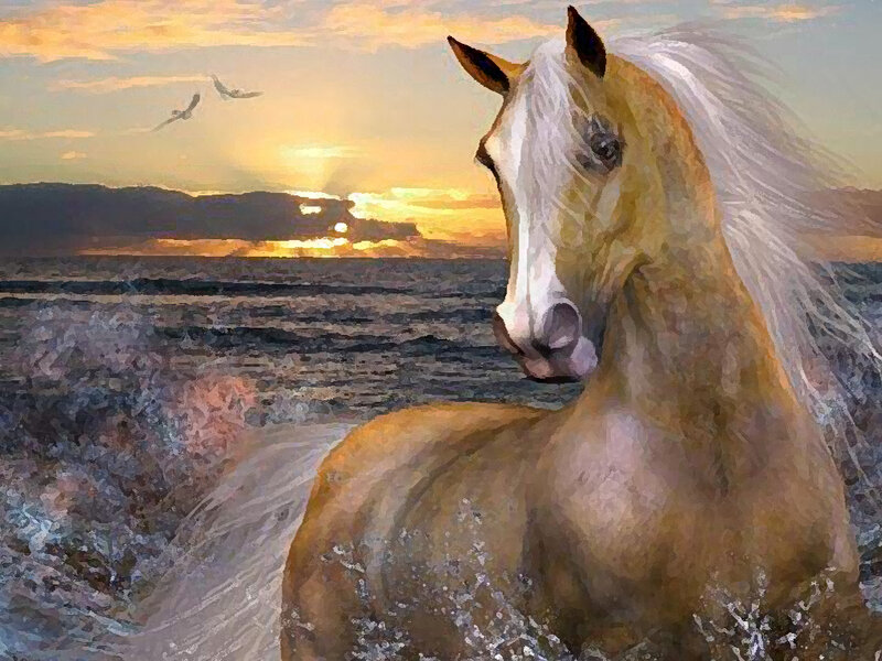 Horse in Ocean Water — Gold