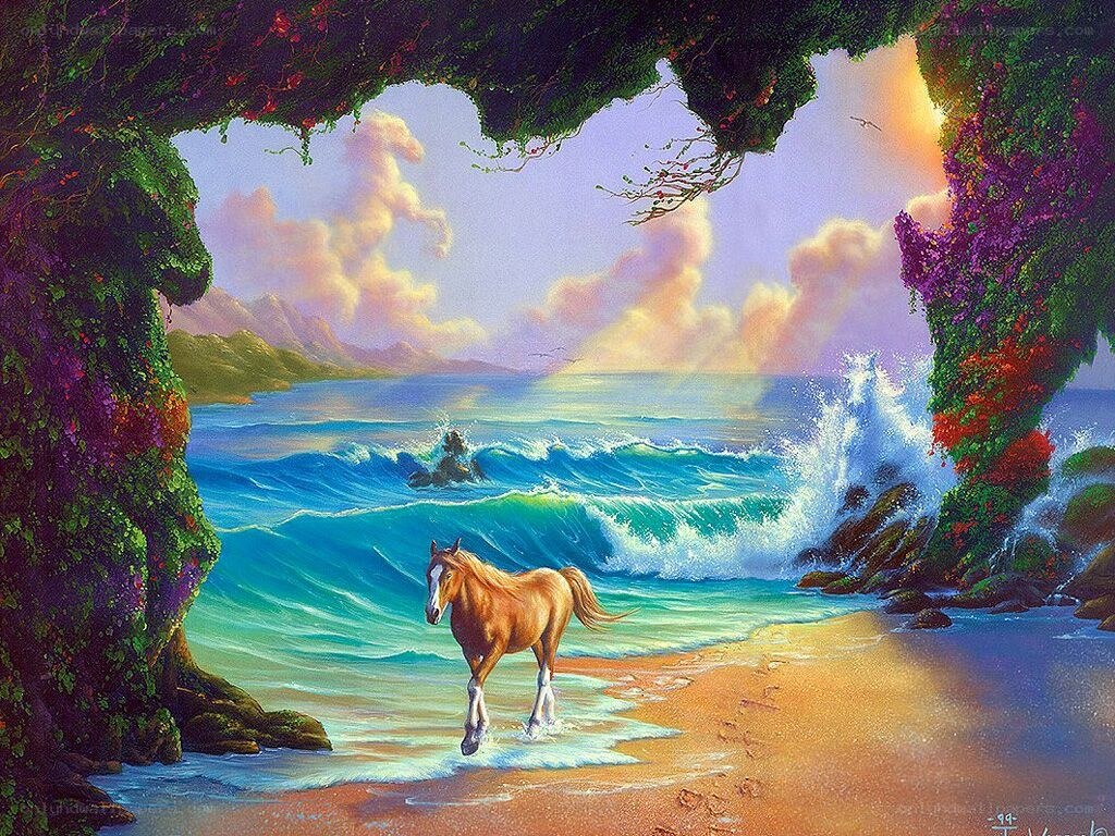 Horse on a beach at sunset