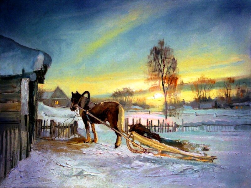 Horse Pulling Sled — Blue