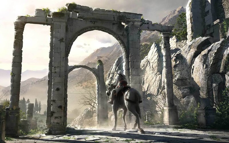 Horse Rider in Ruins — Gray