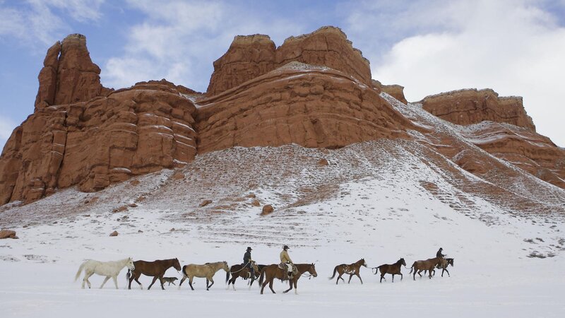Horse riders in snowy desert