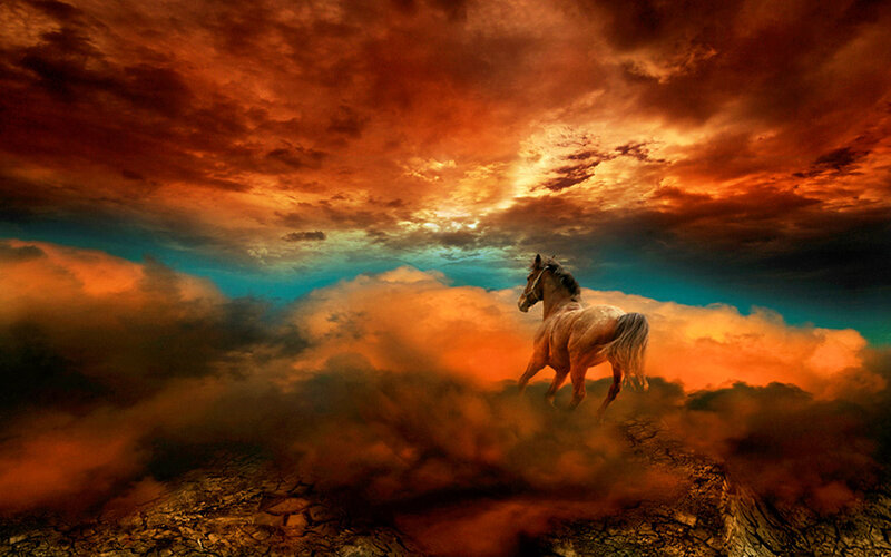 horse running through clouds