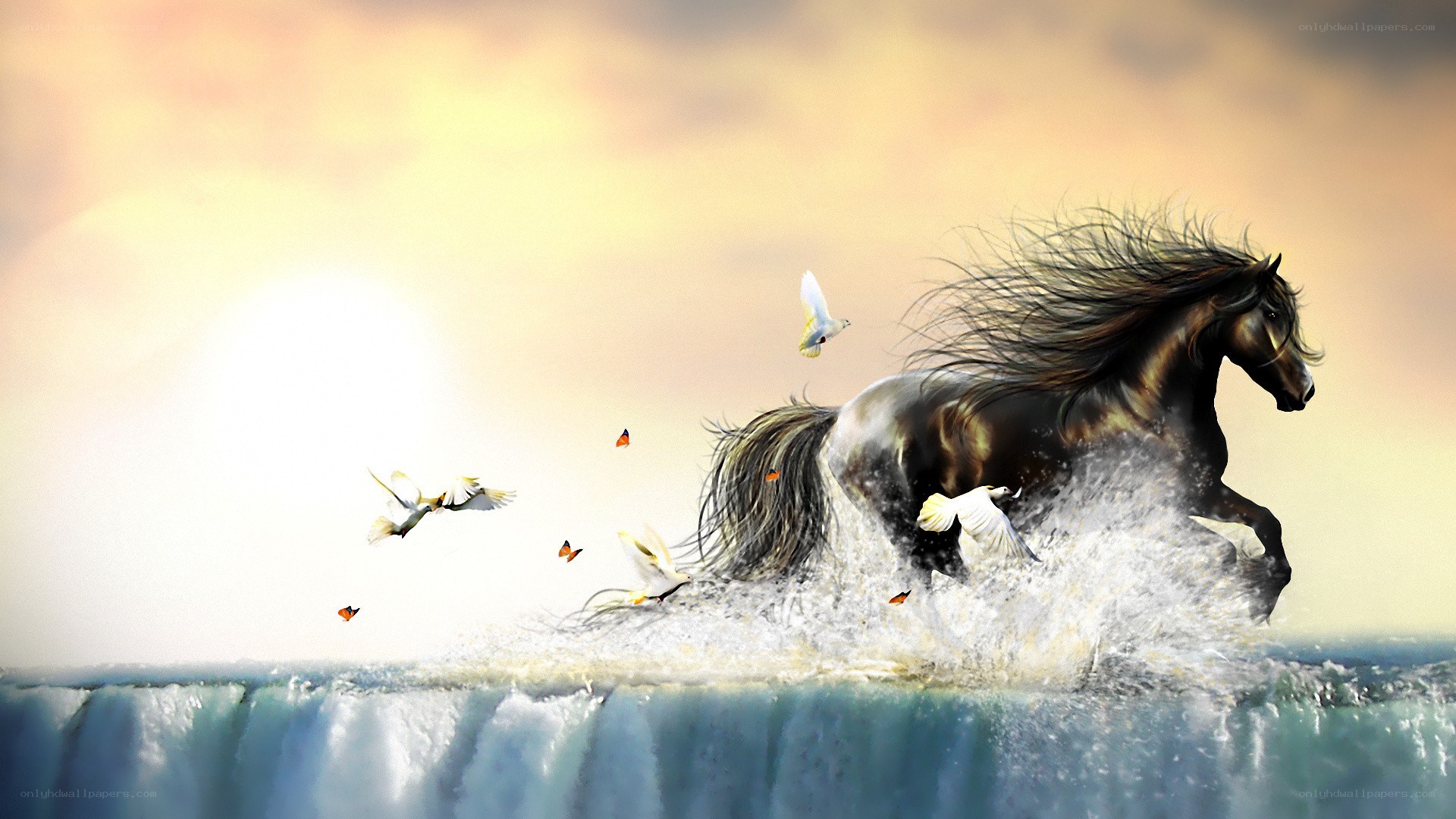 horse running through water