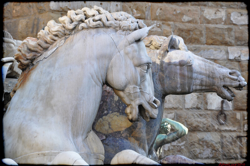 Horse statues at a fountain
