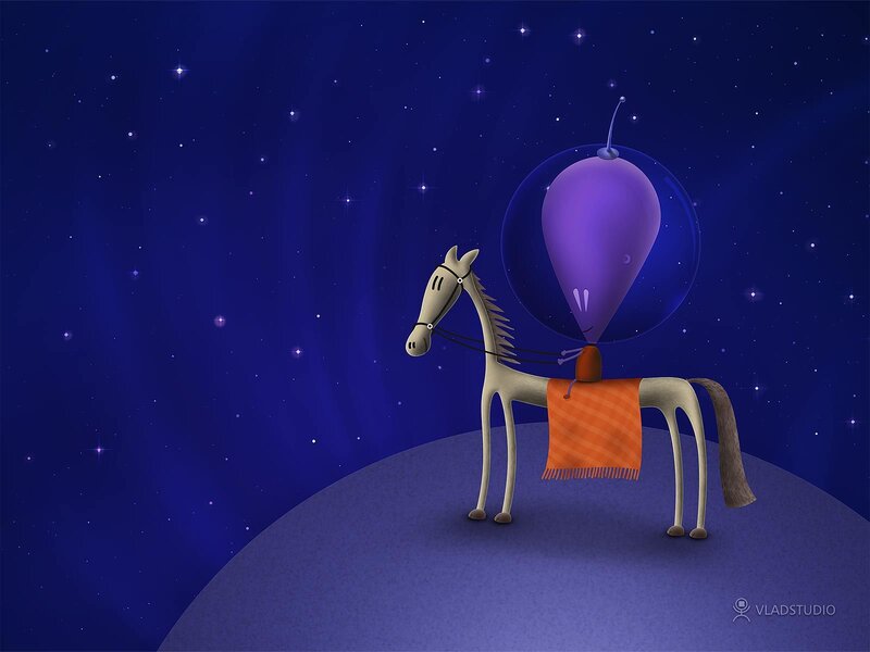 horse with balloon in space