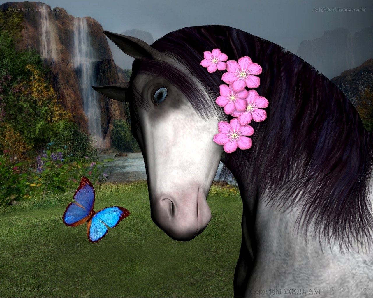 horse with flowers and butterfly