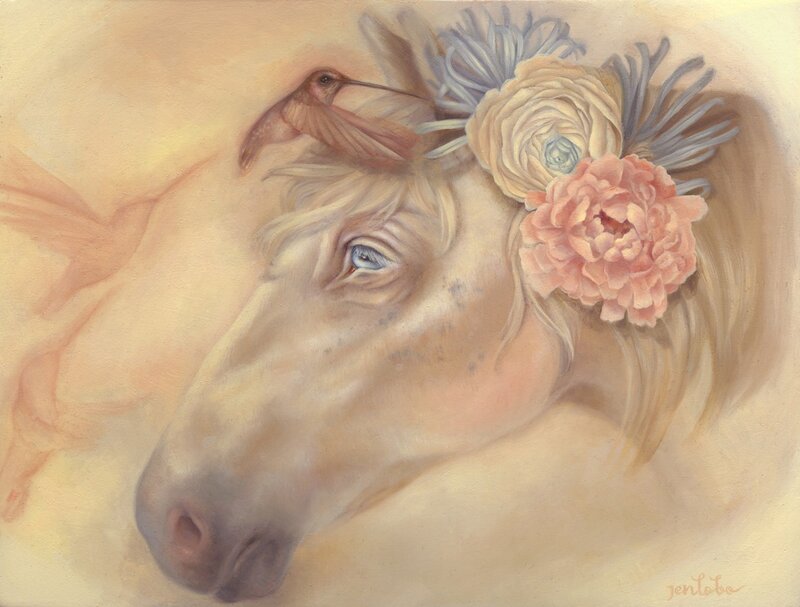 Horse with flowers and hummingbird