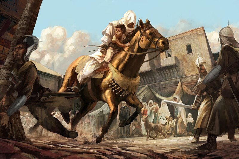 Horseback escape in ancient city