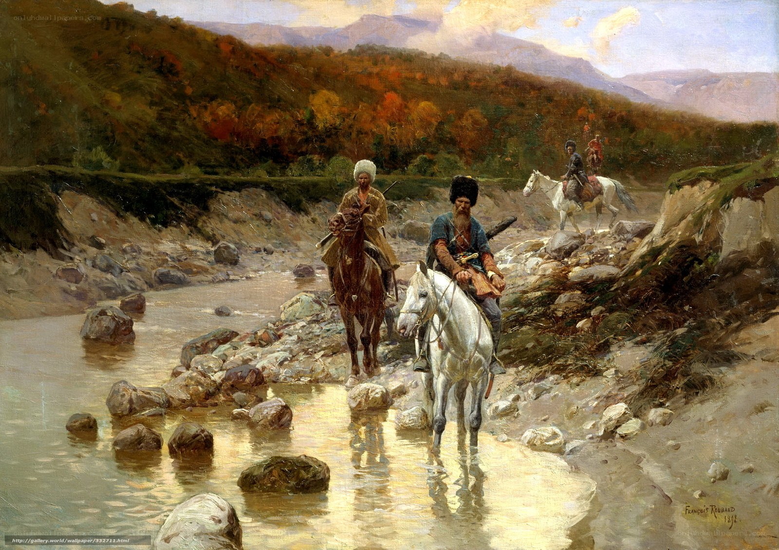 Horsemen crossing a river