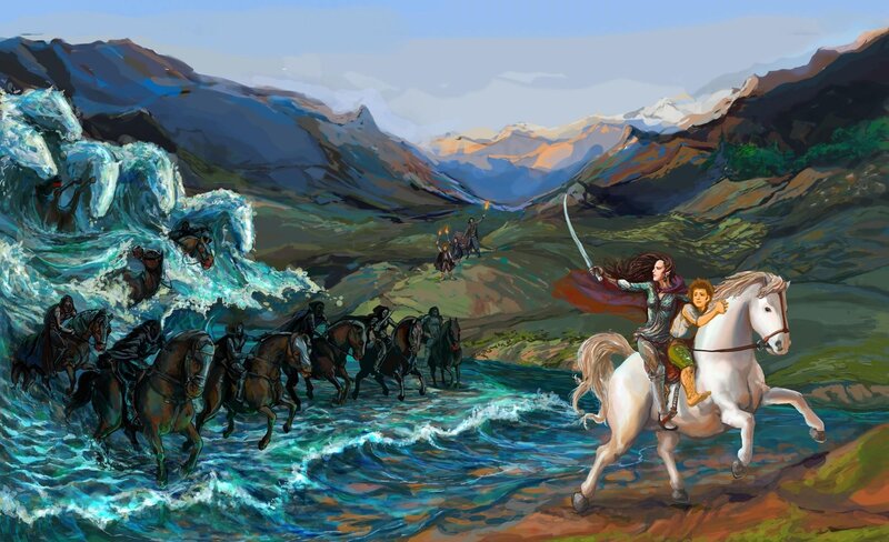 Horsemen flee a magical wave