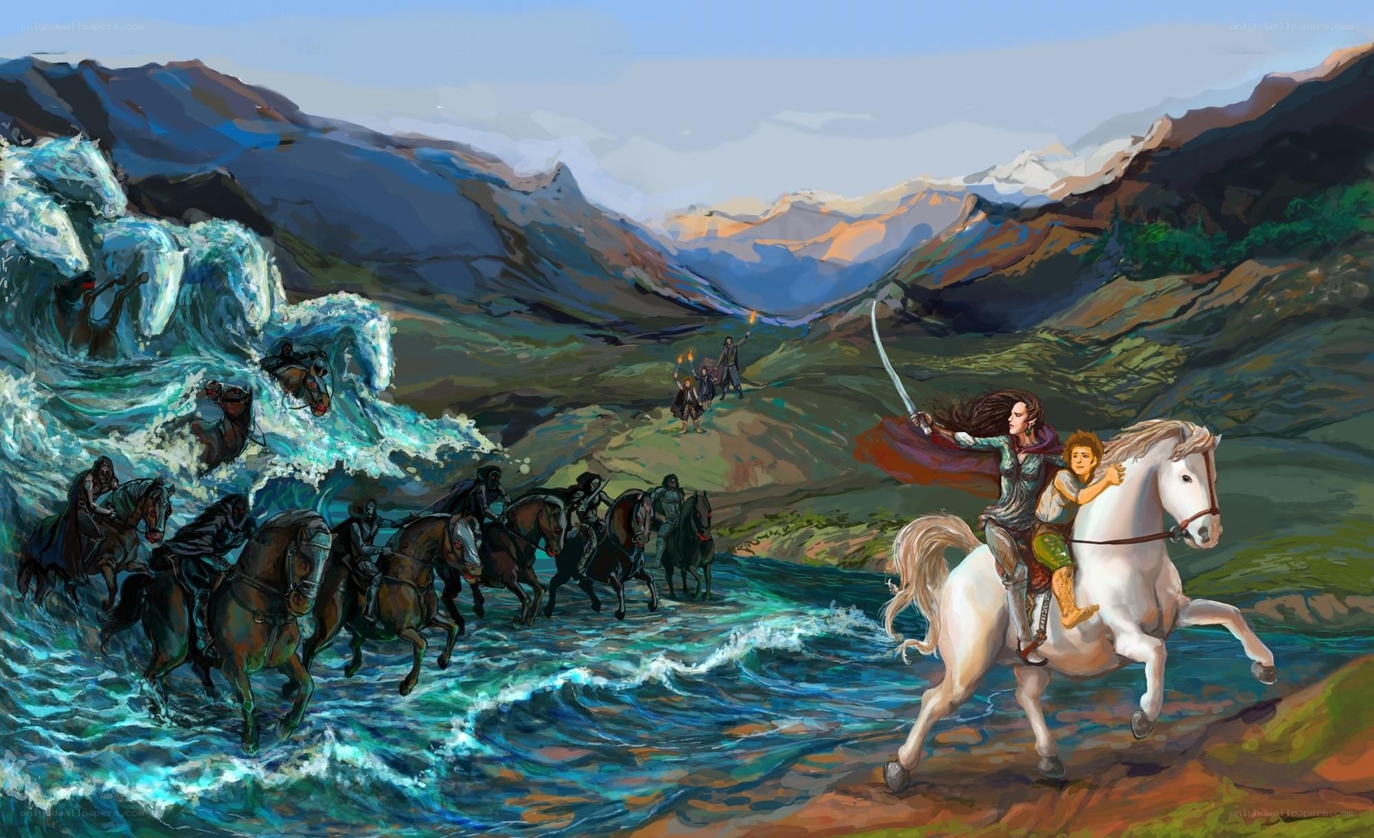 Horsemen flee a magical wave