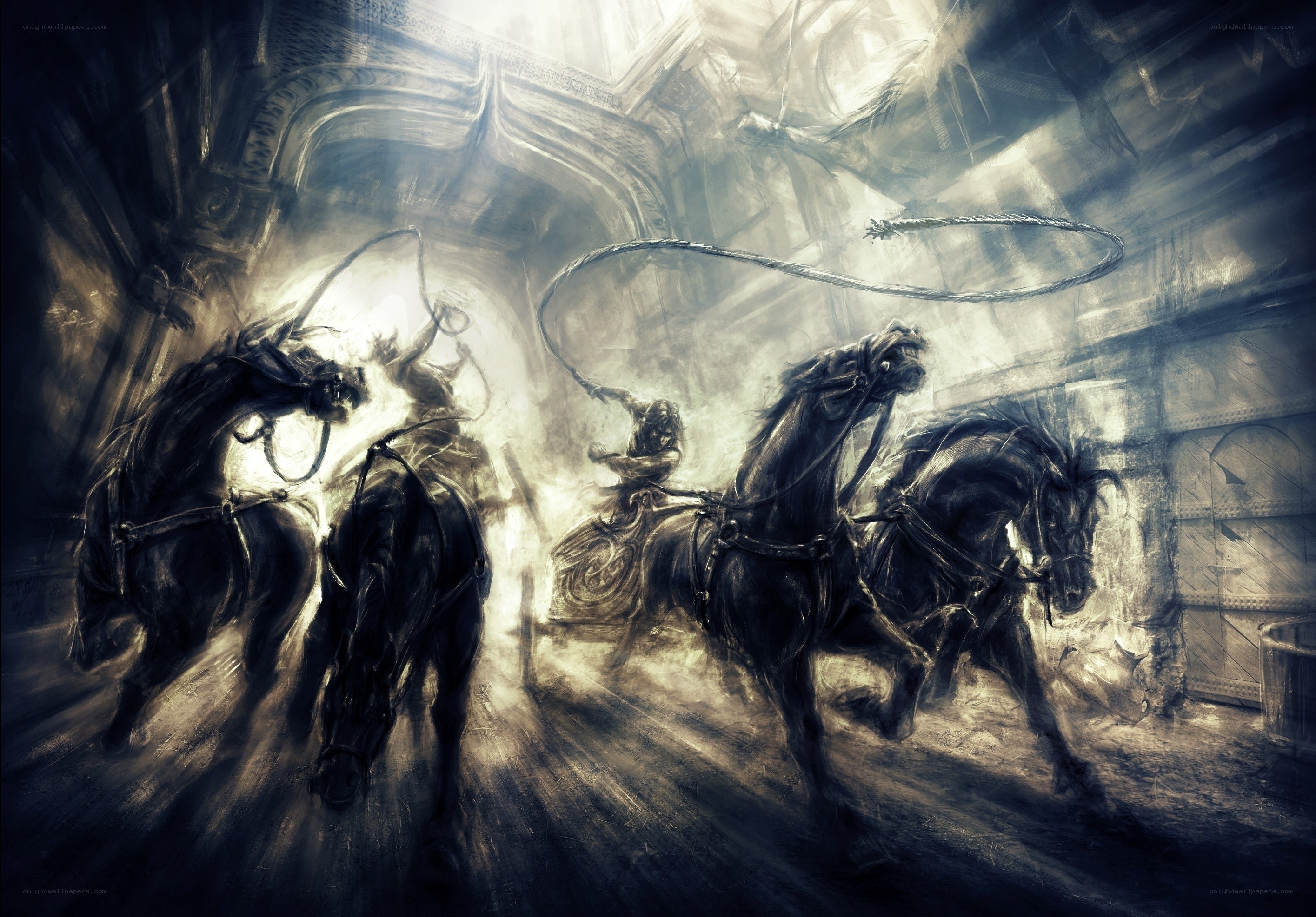 Horsemen in a dark hall