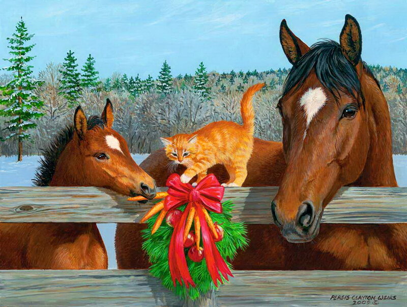Horses and Cat with Wreath